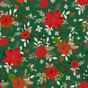 Red Winter Florals in Green