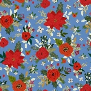 Red Winter Florals in Blue