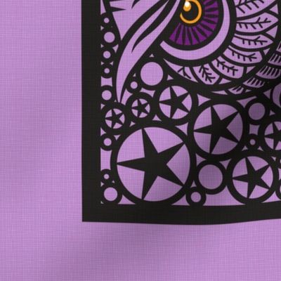 A Great Big Purple Owl, bookplate block print style Tea towel or wallhanging