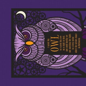 A Great Big Purple Owl in dark tones, bookplate block print style Tea towel or wallhanging