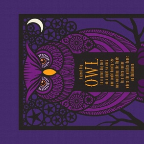 A Great Big Plum Purple Owl in dark tones, bookplate block print style Tea towel or wallhanging