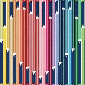 Small scale // Choose colour and joy // navy background heart with pencils in rainbow colours