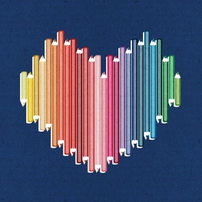 Follow the rainbow 18"x18" PILLOW panel // navy background heart with pencils in rainbow colours