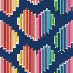 Small scale // Colourful love // navy background hearts with pencils in rainbow colours