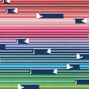Large jumbo scale // Colourful minds // navy background horizontal pencil stripes in rainbow colours