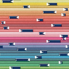 Normal scale // Colourful minds // navy background horizontal pencil stripes in rainbow colours