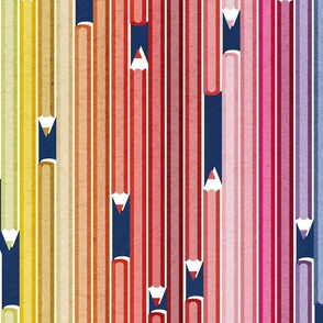 Large jumbo scale // Colourful minds // navy background vertical pencil stripes in rainbow colours