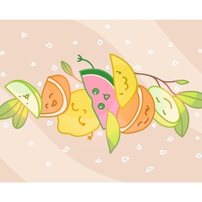 still life fruits in kawaii version wall hanging and tea towel with limes, lemons oranges and watermelon