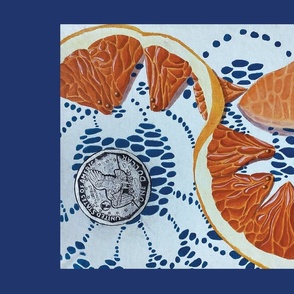 Dollar and Scents  a series of paintings with coins cents and fruit, orange scent