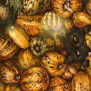 Cute Black Cat and Pumpkins