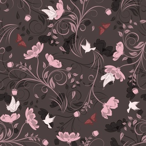 Romantic Art Nouveau Floral in Cameo Pink and Rose Brown - Large Scale