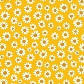 Joyful White Daisies - Ditsy  Scale - Yellow Retro Vintage Flowers Floral Boho Cottagecore