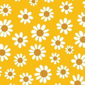 Joyful White Daisies - Large Scale - Yellow Retro Vintage Flowers Floral Boho Cottagecore