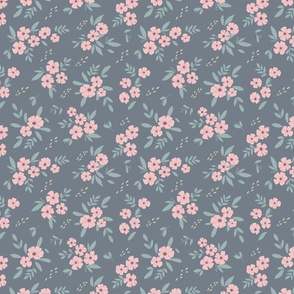 Evelyn Pink Floral on Dark Blue Ground with Teal Leaves _Standard Scale 8" repeat 