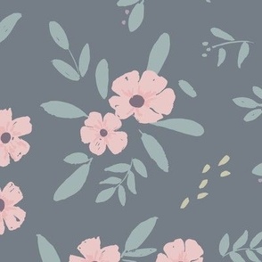 Evelyn Pink Floral on Dark Blue Ground with Teal Leaves_Large Scale 