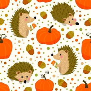 Large Scale Happy Hedgehogs and Fall Pumpkins on Ivory