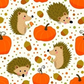 Medium Scale Happy Hedgehogs and Fall Pumpkins on Ivory