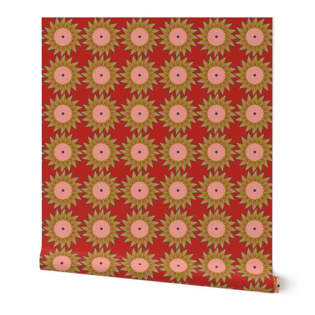 Christmas - Sunflowers - Olive, Rose Pink on Poppy Red - a5a011, f3b0a7, bd2920
