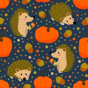 Large Scale Happy Hedgehogs and Fall Pumpkins on Navy