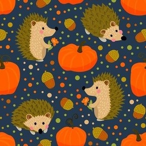 Medium Scale Happy Hedgehogs and Fall Pumpkins on Navy