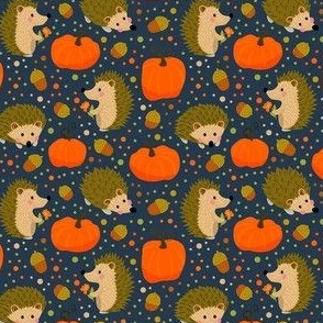 Small Scale Happy Hedgehogs and Fall Pumpkins on Navy