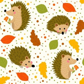 Large Scale Happy Hedgehogs and Autumn Leave on Ivory