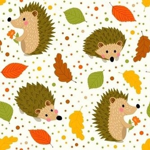 Medium Scale Happy Hedgehogs and Autumn Leave on Ivory