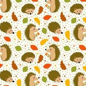 Small Scale Happy Hedgehogs and Autumn Leave on Ivory