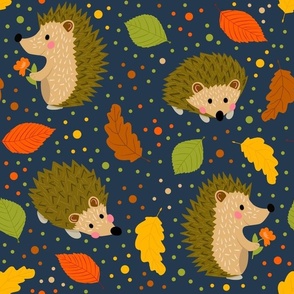 Large Scale Happy Hedgehogs and Autumn Leave on Navy