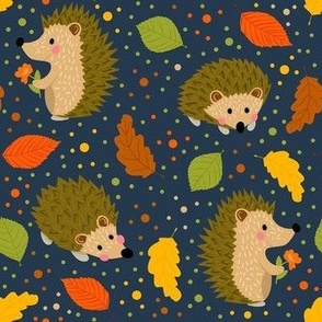 Medium Scale Happy Hedgehogs and Autumn Leave on Navy