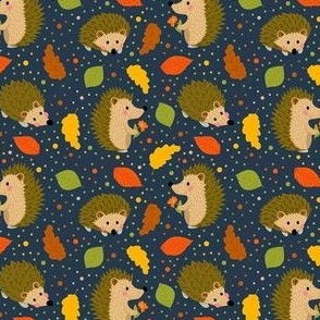 Small Scale Happy Hedgehogs and Autumn Leave on Navy