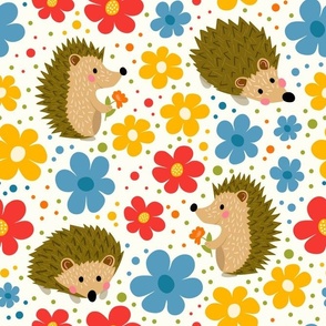 Large Scale Happy Hedgehogs and Flowers on Ivory