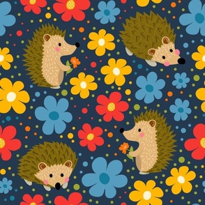 Large Scale Happy Hedgehogs and Flowers on Navy
