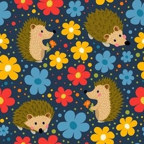Medium Scale Happy Hedgehogs and Flowers on Navy