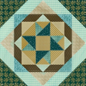 Teal, green and brown quilt pattern design