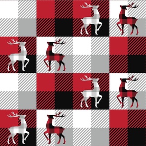 Buffalo Plaid Deer Patchwork Red Black White Gray - Large Scale