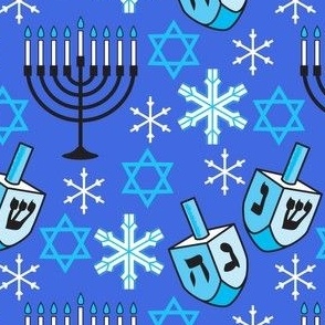 Hanukkah designs and snowflakes on royal blue