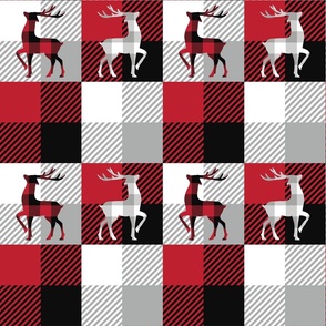 Buffalo Plaid Deer Patchwork Red and Black Gray and White - Large Scale