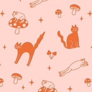 Cats, frogs + mushrooms - pink & orange