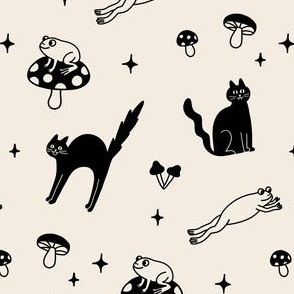 Cats, frogs + mushrooms - black & beige