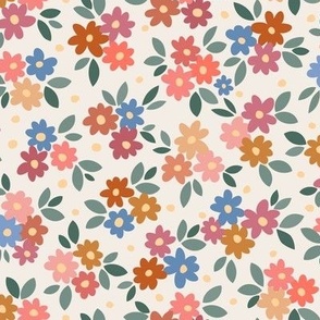 AFP22-02-ai Daisy field with leaves and polka dots, sage green, mauve, pink, mustard and oranges and blues on cream