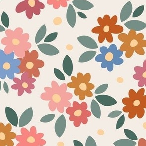 AFP22-02-ai large Daisy field with leaves and polka dots, sage green, mauve, oranges and blues on cream - for sweet childrens apparel, kids decor, nursery wallpaper