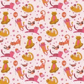 Cats Birds and a balloon-Pink Dots-SMALL