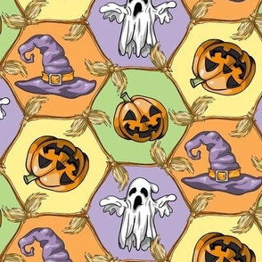 Halloween Honeycomb with pumpkins, witch hats, brooms and ghosts