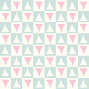 Checkerboard Christmas trees blue pink white by Jac Slade