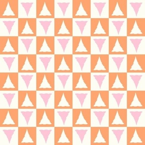 Checkerboard Christmas trees orange pink By Jac Slade