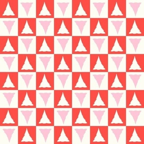 Checkerboard Christmas trees red baby pink by Jac Slade