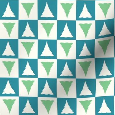 Checkerboard Christmas trees teal blue green by Jac Slade