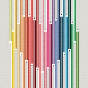 Normal scale // Choose colour and joy half drop repeat // beige background heart with pencils in rainbow colours