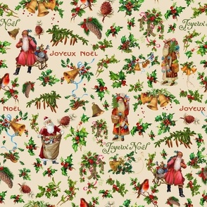 Joyeux Noël - Merry Christmas -  vintage christmas Santa Claus, nostalgic animals, green branches and birds- Antique Nursery cutouts - sand